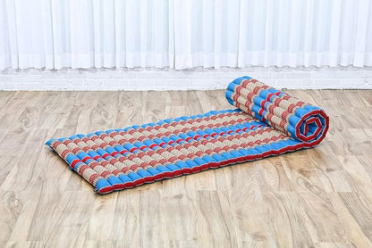 Leewadee - Foldable Floor Mattress - Japanese Roll Up Futon -Trifold Tatami Mat- Guest Floor Bed - Camping Mattress - Thai Massage Mat, Kapok Filled, 75 x 28 inches, Blue Red