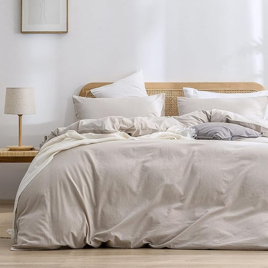 BESTOUCH Duvet Cover Set 100% Washed Cotton Linen Feel Super Soft Comfortable Chic Lightweight 2 PCs Home Bedding Set Solid Linen Grey Twin/Twin XL