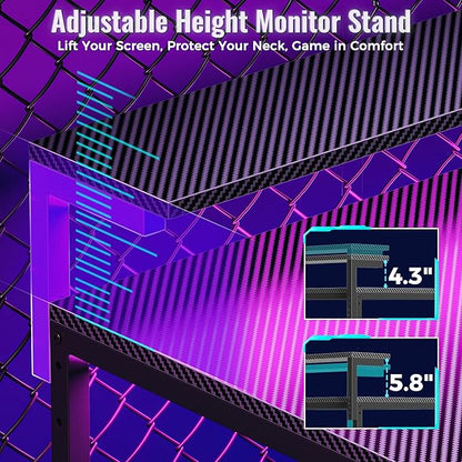 PRAISUN 61.7" Gaming Desk with LED Lights & Outlets, Computer Desk with 3 Fabric Drawers, PC Desk with PC Case Stand & Movable Storage Shelves, Monitor Stand, Reversible, Carbon Fiber Black