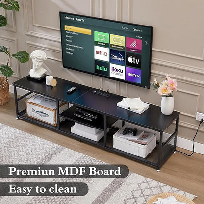 VECELO TV Stand with Power Outlets for Televisions up to 65Inch, 55" Media Entertainment Center with Charging Station 3-Tier Open Storage Shelves with Metal Frame for Living Room/Bedroom，Black