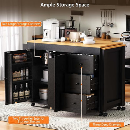 Ball & Cast 74.8" Kitchen Island with Extendable Dining Table,Kitchen Storage Cart W/Power Outlet and 3 Drawers,Rolling Kitchen Island on Wheels W/Spice Rack & 2 Door Cabinet,for Kitchen,Black