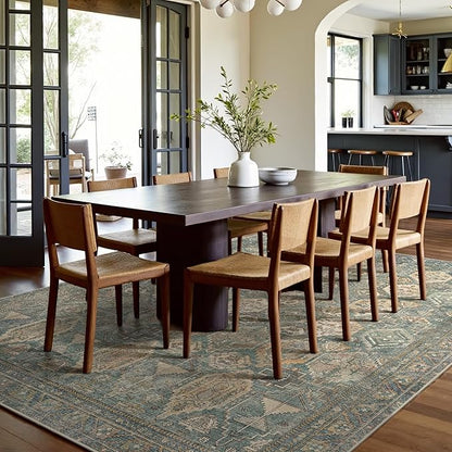 GENIMO 8x10 Area Rugs for Living Room, Machine Washable Non Slip Vintage Rugs, Low Pile Lightweight Chenille Print Rug for Bedroom, Dining Room, Home Office, Sage Teal