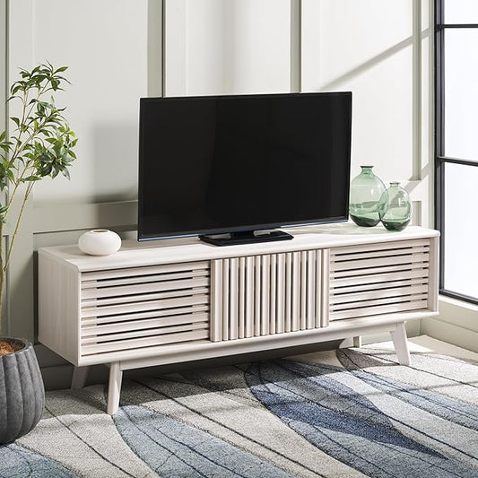 SAFAVIEH ESMA TV Stand for up to 65" Flatscreen – Bleached White, Sliding Doors with Interior Storage, Entertainment Media Console (MED9640C)