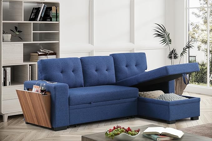 Ball & Cast L-Shape Reversible Sectional Sleeper Sofa Bed,4 in 1 Pull Out Couch with Storage Chaise USB Ports & Cup Holder,Convertible Sleeper Corner Couch Pull-Out Sofa Bed,for Living Room,Office