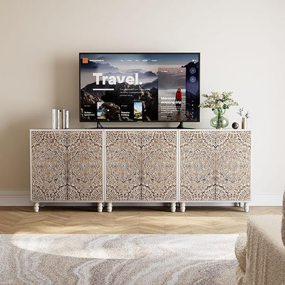 COSIEST Set of 3 32" Buffet Sideboard Cabinets with Vintage Firework Carved Pinewood Doors, Push-to-Open Storage Accent Cabinets, Gray