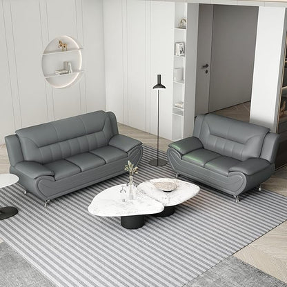Container Furniture Direct Michael Modern Faux Leather Upholstered Stainless Steel Legs Living Room Loveseat, Sleek Gray