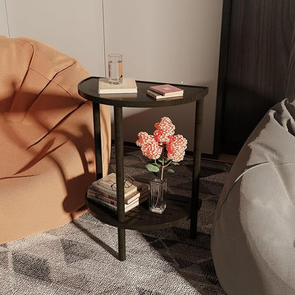 End Table, Half Moon Side Tables, Living Room Half Round 2 Tier Table for Small Space, Living Room Bedroom Couch Tables with Storage Shelf (Black)