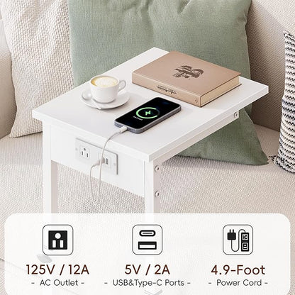 Vagusicc C Shaped End Table with Charging Station, 33" Tall Side Table for Couch, Sofa Table Adjustable Height Couch Side Table Coffee Table, Slide Under Sofa TV Tray C Table for Living Room, White