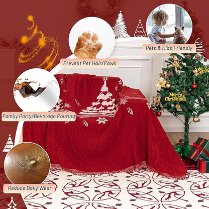 MYSKY HOME Couch Covers for Pets Thick Chenille Christmas Red Sofa Slipcover Non Slip Soft Couch Sofa Cover, Washable Furniture Protector Sofa Slipcover with Tassel for Kids, Dogs, 71"x118"