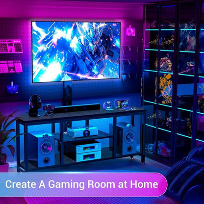 Corner TV Stand with Mount LED - Universal TV Mount Stand for 32-65" TV, Height Adjustable Swivel TV Console Wood & Steel Entertainment Center with Mount, Cabinet, Power Outlet, Colorful Light, Black