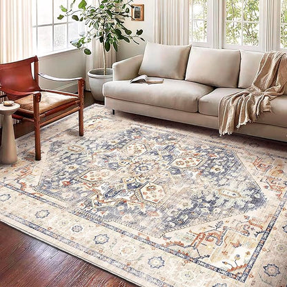 Washable Area Rug 9'x12' Blue Khaki Retro Flowers Boho Design Non-Shedding Easy Care Ideal for High Traffic Areas in Living Room Bedroom Office Coffee Table Kitchen Large Carpet