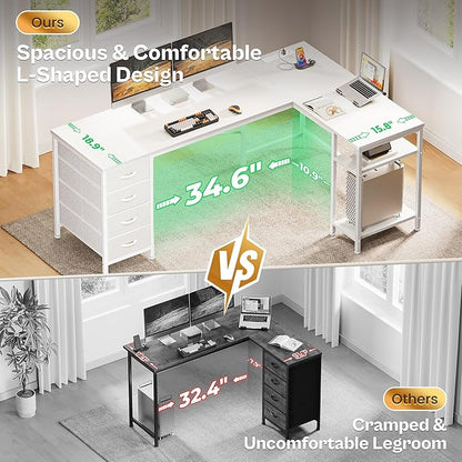 Huuger 63 Inch L Shaped Desk with Fabric Drawers, Reversible Computer Gaming Desk with Power Outlets and USB-C Port, Adjustable Side Storage Shelves, for Work Study Corner Home Office, White