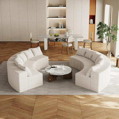 KEIKI Corduroy Curved Sectional Sofa, 6 Seater Symmetrical Modular Semi Circular Couch, Deep Seat Tufted Corner Sofa for Living Room, Lobby, Beige