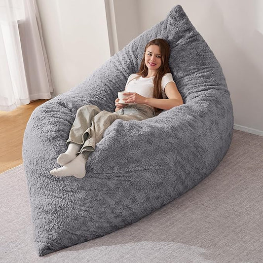 HABUTWAY 4 in 1 Bean Bag Chair, Giant Memory Foam Filling Bean Bag Sofa, Adult Bean Bag Chair, Machine Washable Faux Fur Cover, Bean Bag for Adult (Light Grey)
