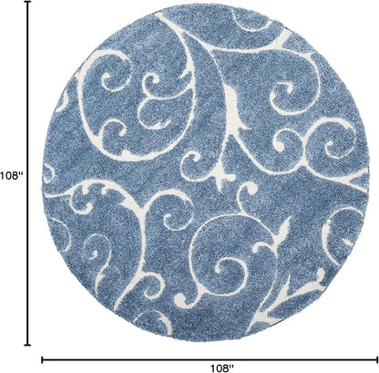 SAFAVIEH Florida Shag Collection Area Rug - 9' Round, Light Blue & Cream, Scroll Design, Non-Shedding & Easy Care, 1.2-inch Thick Ideal for High Traffic Areas in Living Room, Bedroom (SG455-6011)