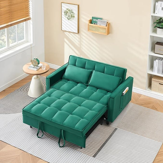 Ball & Cast Convertible Sofa Bed,Pull Out Loveseat Sleeper Sofa,Convertible Pull Out Couch W/ 2 Pillows,Adjustable Backrest & Side Pocket,Corduroy Futon Couches for Living Room,Apartment,Green,55"
