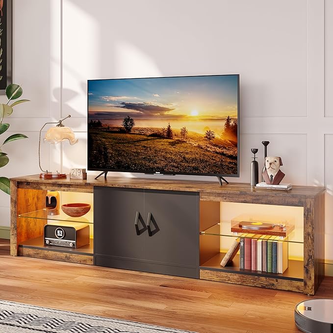 Bestier 70 Inch Led TV Stand for Large TVs - Modern Rustic Brown Entertainment Center with Adjustable Glass Shelves, Two Cabinets, 22 RGB Modes for Living Room Gaming