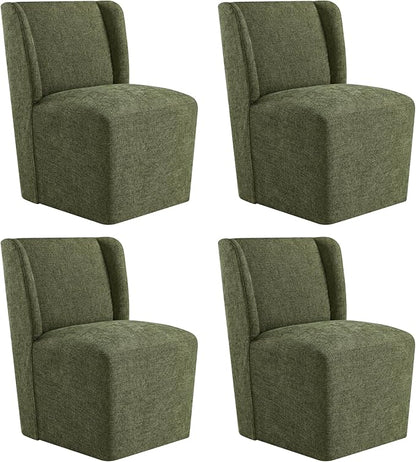 Upholstered Dining Chair with Casters Wingback Modern Side Armless Deskchair with Rollers for Diningroom Bedroom Livingroom Reading Room,Green,4 Box
