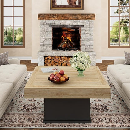 LED Coffee Tables for Living Room, Farmhouse Wood Coffee Table, 33.5" Square Coffee Table with Storage, Large Vintage Brown Center Table, Living Room Tables Cocktail Table (Natural)