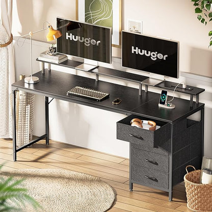 Huuger 63 Inch Computer Desk with Power Outlets and LED Lights, Gaming Desk with 4 Drawers, Office Desk with Monitor Stand, Study Desk Work Desk for Home Office, Black