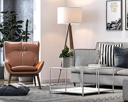 Matte Coffee Table with Open Storage, Square Tempered Glass Storage Rolling Coffee Table, Modern Design for Living Room, Meeting Room (White)
