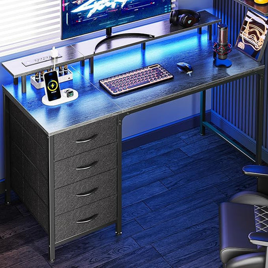 Huuger 47 Inch Computer Desk with Power Outlets and LED Lights, Gaming Desk with 4 Drawers, Office Desk with Monitor Stand, Study Desk Work Desk for Home Office, Small Spaces, Gray