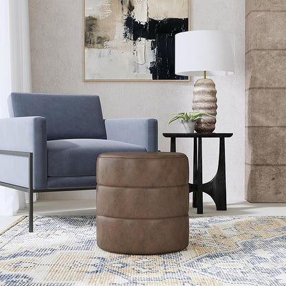 HomePop Upholstered Faux Leather Round Ottoman (No Lid, Seat Only) Home Décor | Round Pouf Foot Rest – Brown Faux Leather
