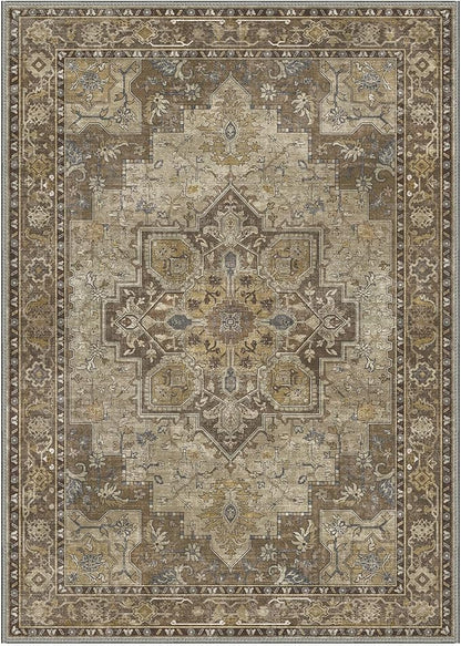 GENIMO 9x12 Area Rugs for Living Room, Machine Washable Non Slip Vintage Rugs, Low Pile Lightweight Chenille Print Rug for Bedroom, Dining Room, Home Office, Rustic Brown