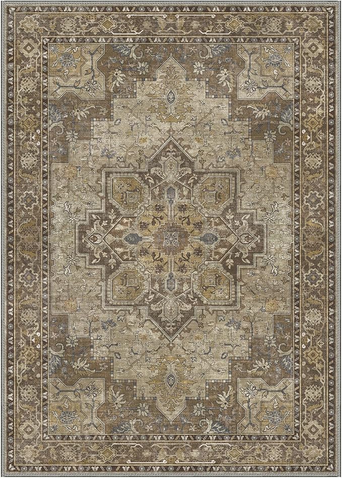 GENIMO 8x10 Area Rugs for Living Room, Machine Washable Non Slip Vintage Rugs, Low Pile Lightweight Chenille Print Rug for Bedroom, Dining Room, Home Office, Rustic Brown