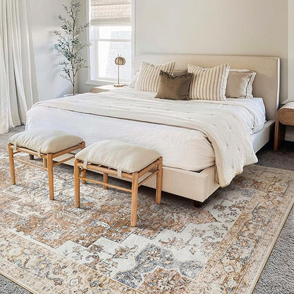 GENIMO 6x9 Area Rugs for Living Room, Non Slip Machine Washable Retro Rugs, Low Pile Chenille Print Rug for Bedroom, Dining Room, Home Office, Orange