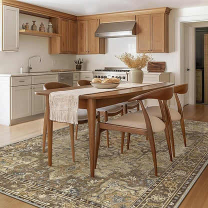 GENIMO 5x7 Area Rugs for Living Room, Machine Washable Non Slip Vintage Rugs, Low Pile Lightweight Chenille Print Rug for Bedroom, Dining Room, Home Office,Rustic Brown