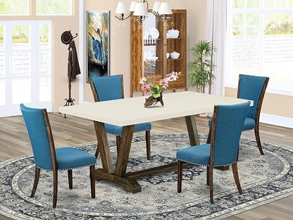East West Furniture V727VE721-5 5 Piece Modern Dining Table Set Includes a Rectangle Wooden Table with V-Legs and 4 Blue Color Linen Fabric Upholstered Chairs, 40x72 Inch, Multi-Color