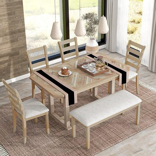 Ball & Cast 6 Piece Wood Dining Table Set with 4 Upholstered Chairs & 1 Bench,Kitchen Table and Chairs for 6 W/ 51.8" Rectangle Desk,for Restaurant,Home Bistro,Natural Wood Wash