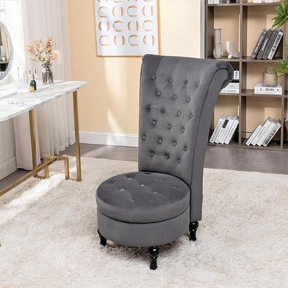 Container Furniture Direct Royal High-Back Velvet Accent Chair for Vanity with Storage and Luxurious Upholstery, Retro Design and Versatile Usage for Livingroom, Bedroom, Lounge and Office, Grey
