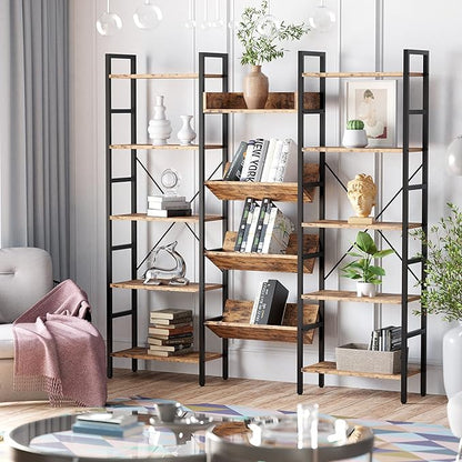 IRONCK Bookshelves and Bookcases 5 Tiers, Triple Wide Industrial Bookshelf, Large Etagere Bookshelf, Display Storage Bookshelves with Metal Frame for Living Room, Home Office