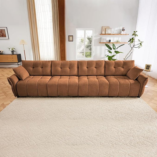 Modern Chenille Fabric 4-Seat Sofa w/ 2 Pillows, Premium Upholstery Living Room Couch with Tufted Backrest & Comfortable Armrests and High-Resilience Memory Foam Cushions,Orange