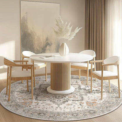 GENIMO 5FT Round Area Rugs for Living Room, Circle Rugs Machine Washable Low Pile, Chenille Non Slip Vintage Rug for Bedroom, Dining Room, Home Office, Light Taupe Brown