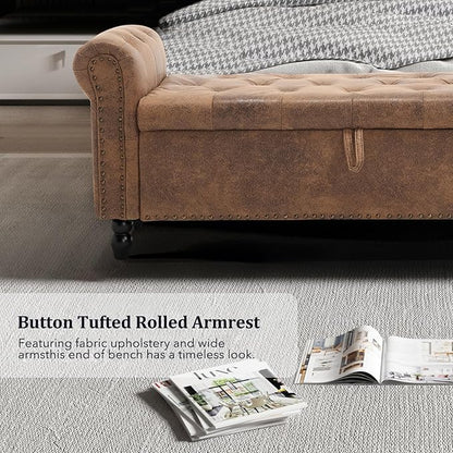 Furniliving 55” End of Bed Bench, Bedroom Bench with Button-Tufted, Large Upholstered Storage Ottoman Entryway Bench with Storage Shoe Cabinet Bench, for Bedroom, PU, Coffee
