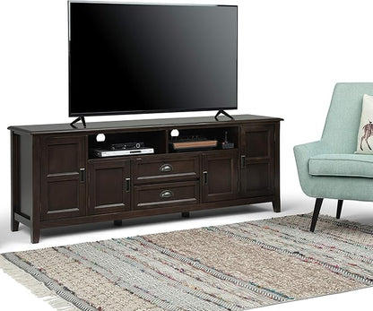 SIMPLIHOME Burlington SOLID WOOD 72 inch Wide Transitional TV Media Stand in Mahogany Brown For TVs up to 80 inches for the Living Room and Entertainment Center