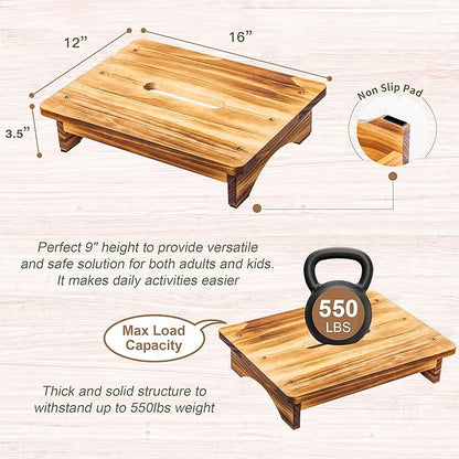 Wooden Step Stool for Adults, 3.5" Portable Wood Step for Kids, Heavy Duty One Step Bedside Stool with 550 Lbs Load Capacity, Non-Slip White Foot Stool for Kitchen Bathroom