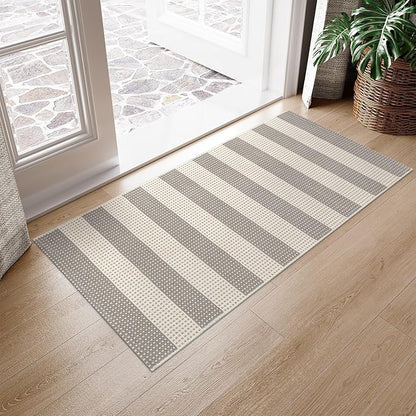OJIA Front Door Rug 24"x51" Washable Checkered Rug Cotton Woven Small Outdoor Rug Kitchen Entryway Rugs Indoor Doormat Outdoor Entrance Porch Carpet for Bathroom Bedroom (Gray/White/Tan)