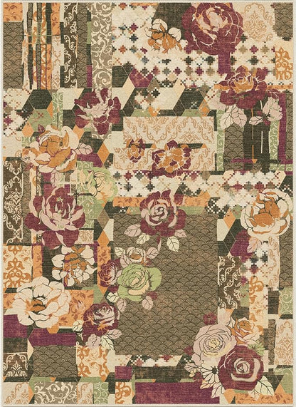 GENIMO 5X7 Floral Area Rugs for Living Room, Machine Washable Non Slip Vintage Patchwork Washable Rug, Ultra-Thin Low Pile Chenille Rugs for Bedroom, Dining Room, Auburn Cinnamon