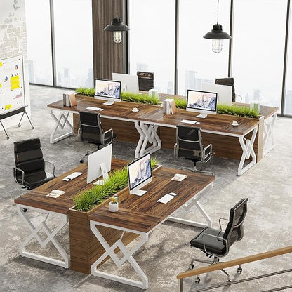 Tribesigns 63 Inch Executive Desk, Large Office Desk with Metal Frame, Ergonomic Writing Desk Computer Workstation, Modern Wood Computer Desk for Home Office, Easy Assembly (Brown+White)