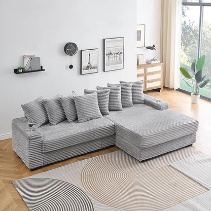 KEIKI 114" Corduroy Sofa with Cup Holders & Storage, L Shaped Sleeper Cloud Couch Set w/Reversible Chaise Lounge, Living Room Oversized Upholstered SofaBed for Apartment, Easy Assembly, Gray