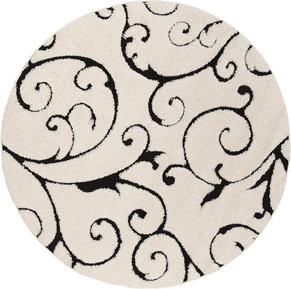SAFAVIEH Florida Shag Collection 11' Round Ivory / Black SG455 Scrolling Vine Graceful Swirl Textured Non-Shedding Living Room Bedroom Dining Room Entryway Plush 1.2-inch Thick Area Rug