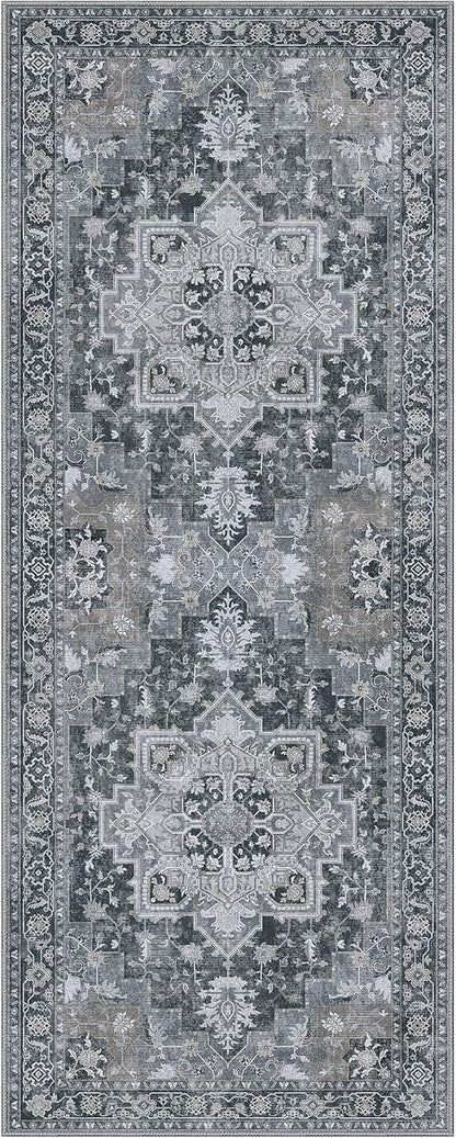 GENIMO 2x10 Runner Rugs for Hallway, Machine Washable Non Slip Vintage Rugs, Low Pile Lightweight Soft Print Rug for enrtyway, Corridor, Home Office, Kitchen,Dark Gray