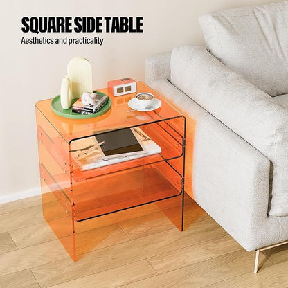 Acrylic 2-Tier Side Table with Storage Mini Modern End Table/Nightstand with Double Shelves for Bedroom, Living Room, and Bathroom Easy Assembly Orange