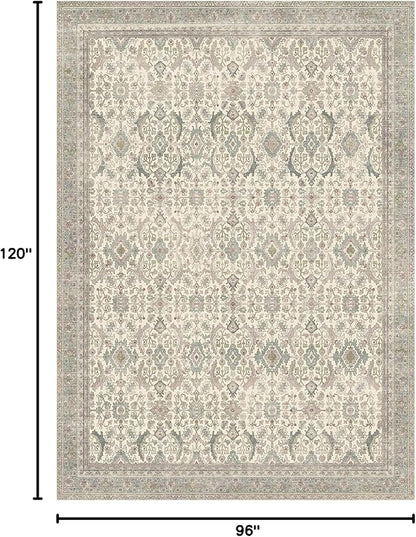 8X10 Area Rugs Machine Washable Rugs for Living Room, Vintage Boho Large Rugs for Bedroom Dining Room, Non Slip Indoor Soft Distressed Lightweight Thin Low Pile Carpet, Cream