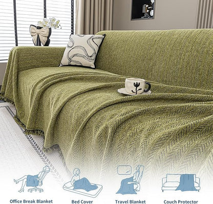 Nobildonna Sofa Cover Washable Soft Thicken Chenille Couch Cover with Tassel,Waterproof Sofa Slipcover for 3-4 Cushion Couch,Sectional Sofa,L-Shaped Furniture Protector Pet-Friendly,Green 91"x134"