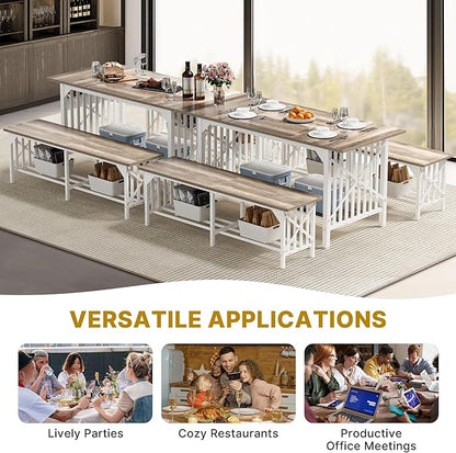 DWVO 3-Piece Dining Table Set for 4-6 People, 63" Dining Room Table with 2 Benches, Industrial Rectangular Dining Room Table Set with Storage for Kitchen, Dining Room, Washed Grey